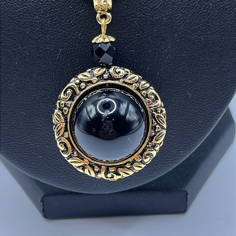 1928 Jewelry Co Black Ball  Gold-tone Round Pendant Long Necklace Baroque 28”